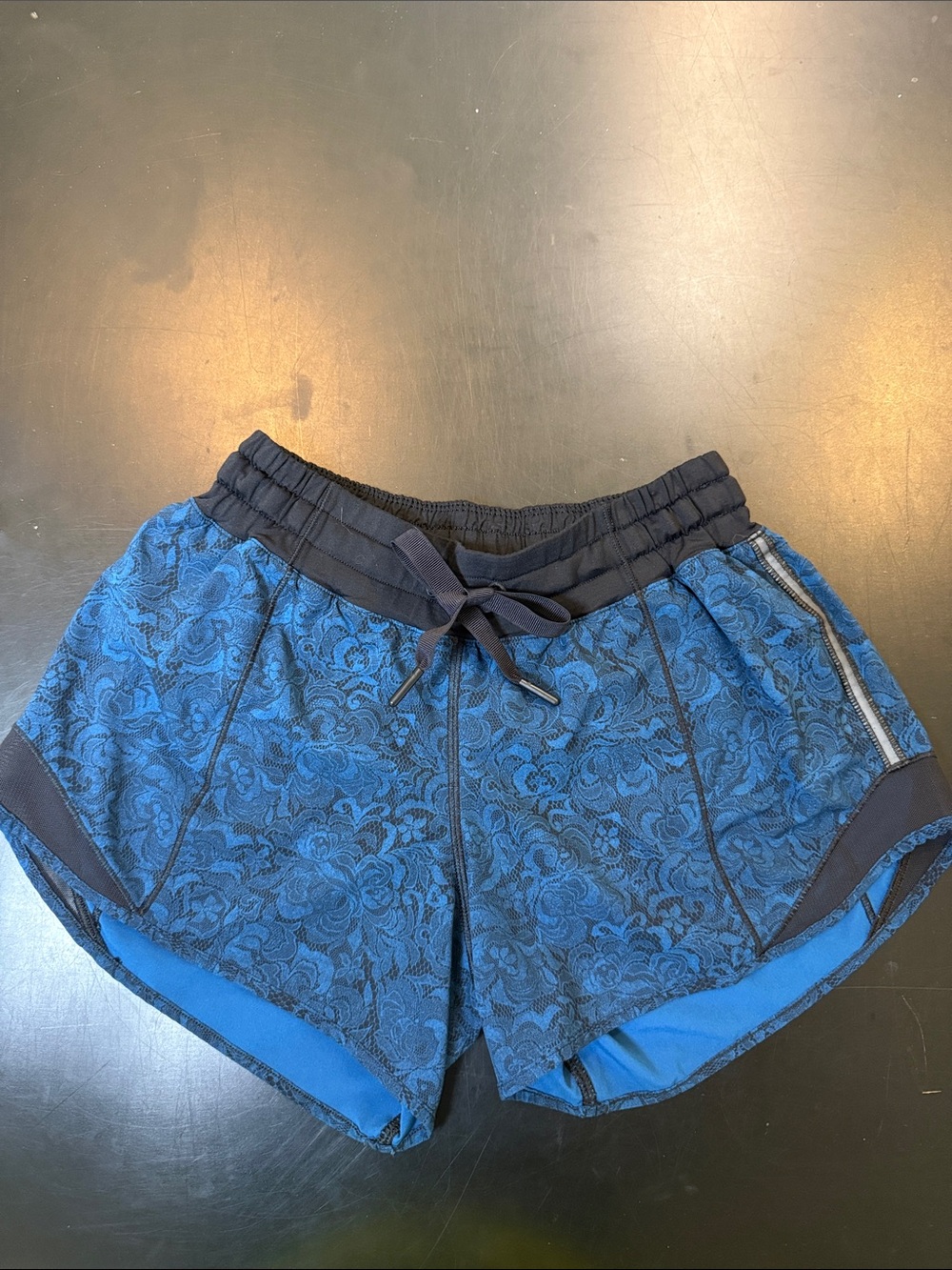 lululemon athletica Blue Floral lace print Athletic Shorts with Black Waistband